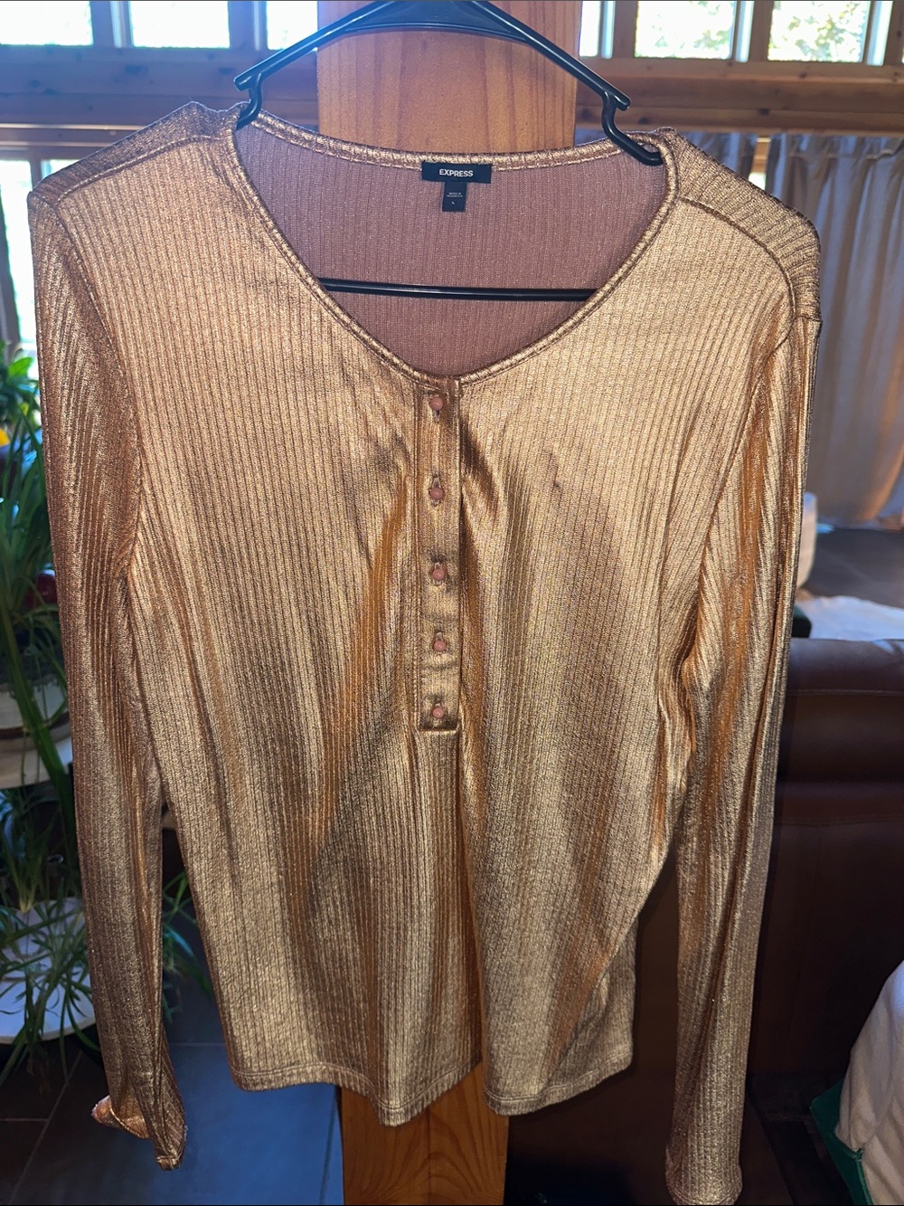 Express Metallic Rose Gold Ribbed Henley Long Sleeve Top